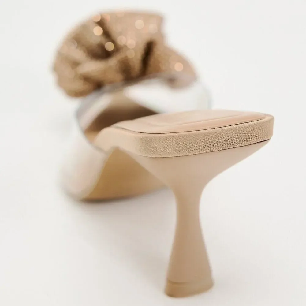 ZARA Floral Rosette Mule Heels NWT Pointed Toe Nude Vinyl Pumps Size 7.5 - Picture 15 of 16